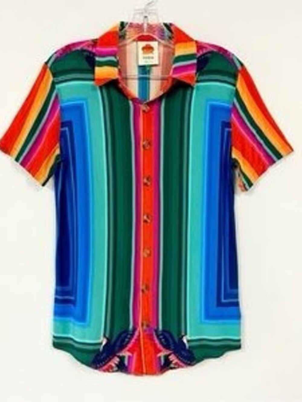 FARM RIO Geometric Colorful Macaw Short Sleeve Button Up Collared Shirt Size M